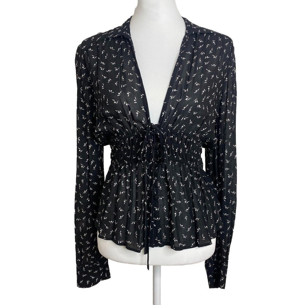Free People Top Colette Black White Floral Long Sleeve Blouse Womens Size Small - Picture 2 of 9